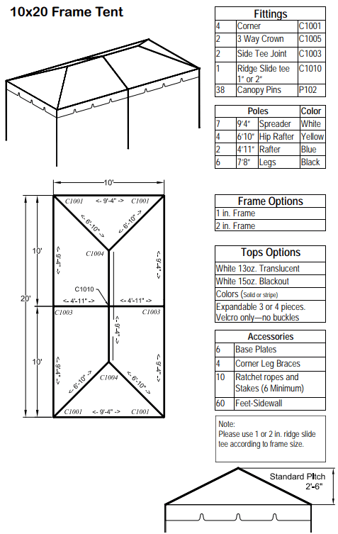 10x20 Standard Diagram 10x20 Commercial Frame Tent – Standard Hip End
