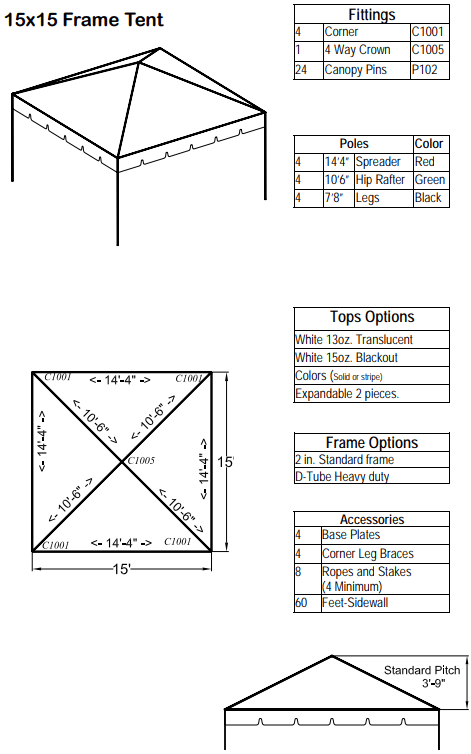 15x15 Standard Diagram 15x15 Standard Hip End Frame Tent