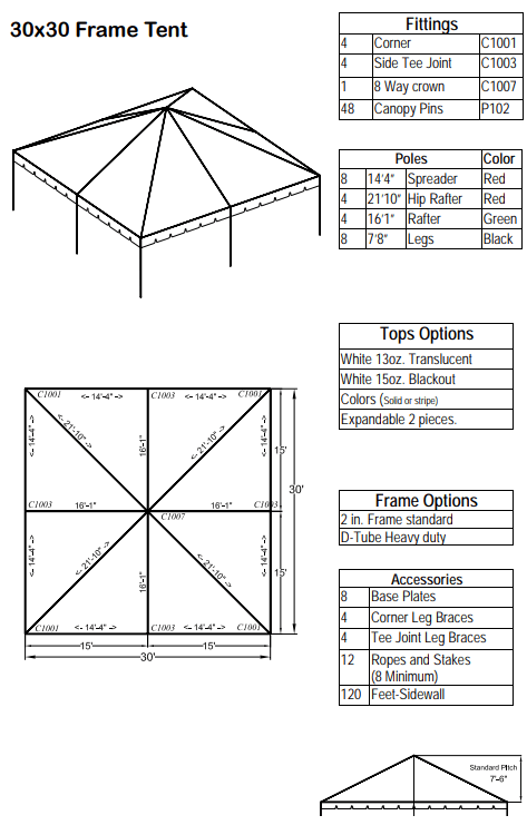 30x30 Standard Diagram 30x30 Standard Hip End Frame Tent