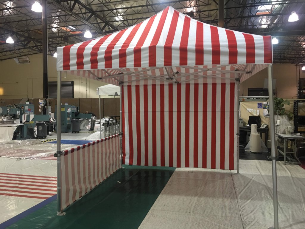 Popup Tent red white with bally rail sidewall