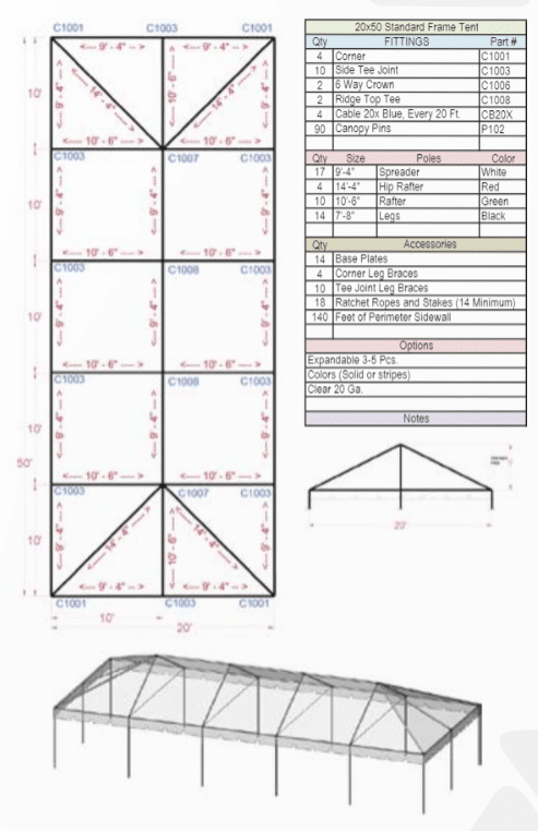 20x50 Diagram Standard 20x50 Standard Hip End Frame Tent